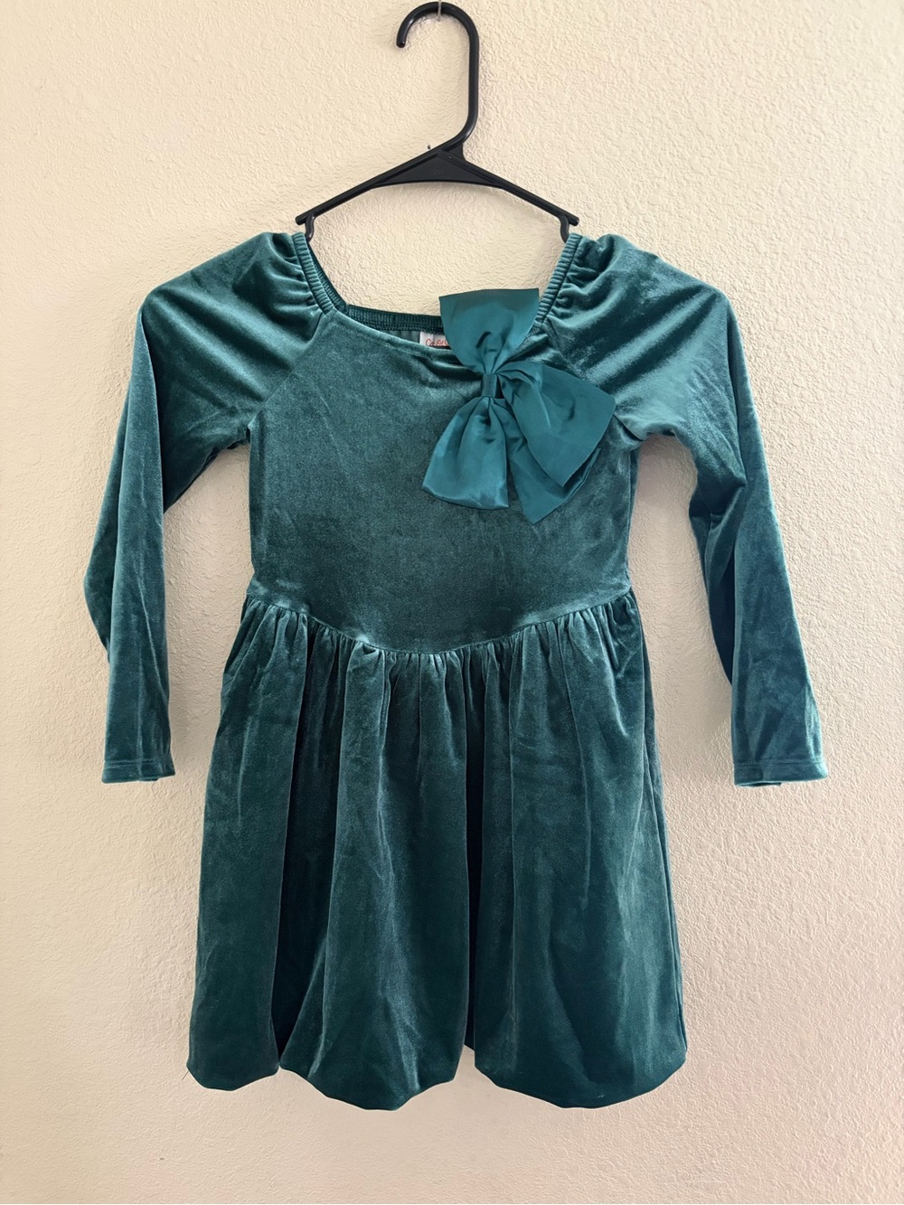 Cat & Jack Teal Velvet Bow Long-Sleeve Dress